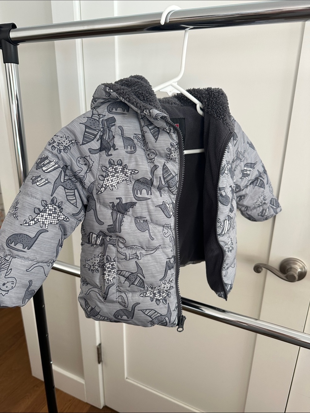 Swiss Tech Kids Gray Dinosaur Hooded Puffer Jacket